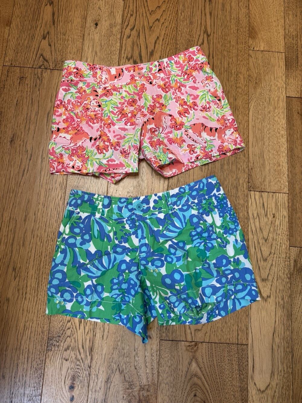 Lilly Pulitzer Shorts Lot 2 Size 2 Tiger Bee Floral Print Pink Blue Green Preppy